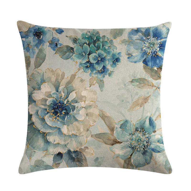 HKM-613459 Blue Oil Painting Bird and Flower Linen Pillow Cover
