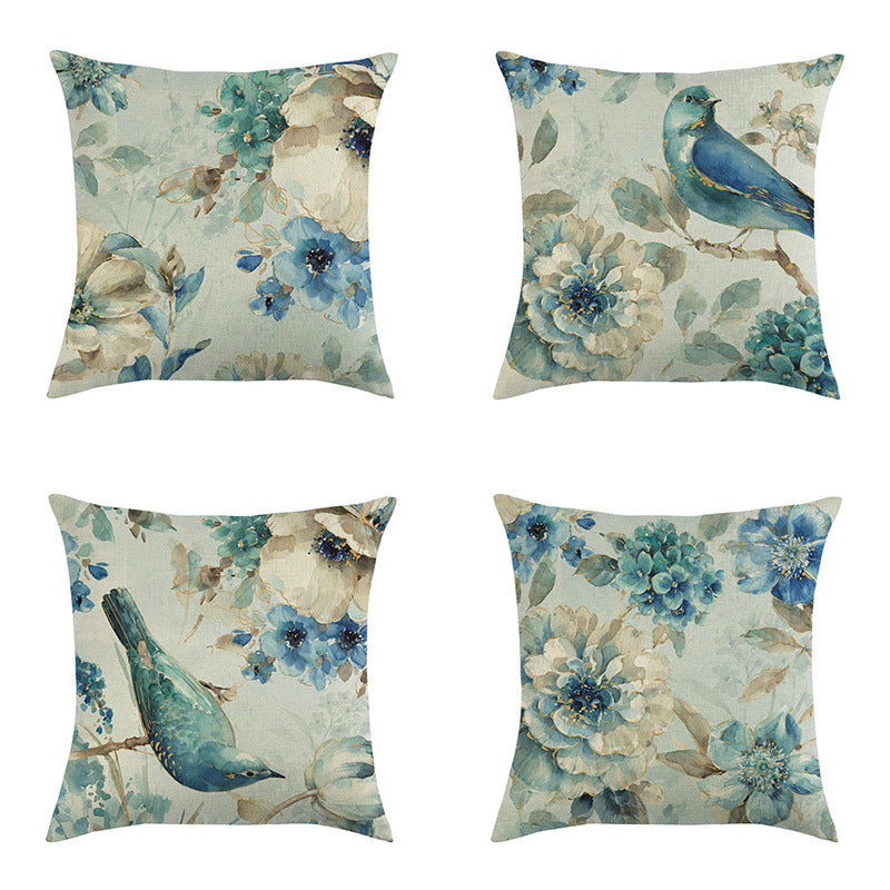 HKM-613459 Blue Oil Painting Bird and Flower Linen Pillow Cover