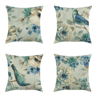HKM-613459 Blue Oil Painting Bird and Flower Linen Pillow Cover