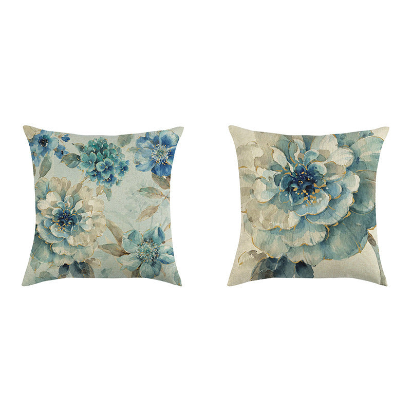 HKM-613459 Blue Oil Painting Bird and Flower Linen Pillow Cover