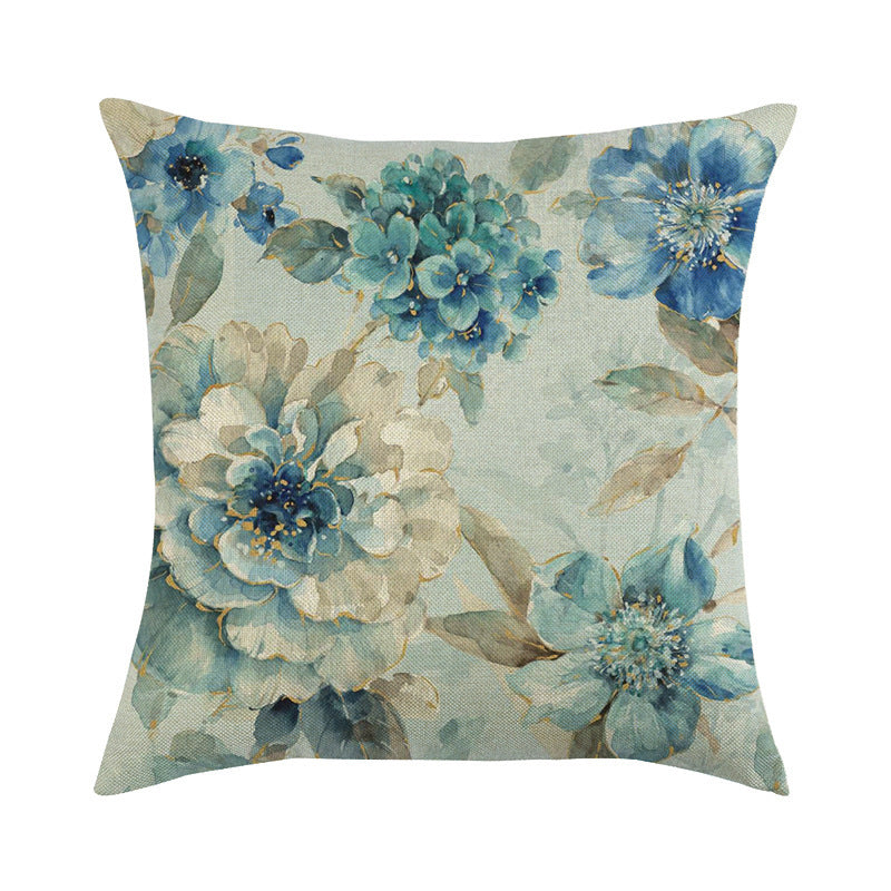 HKM-613459 Blue Oil Painting Bird and Flower Linen Pillow Cover