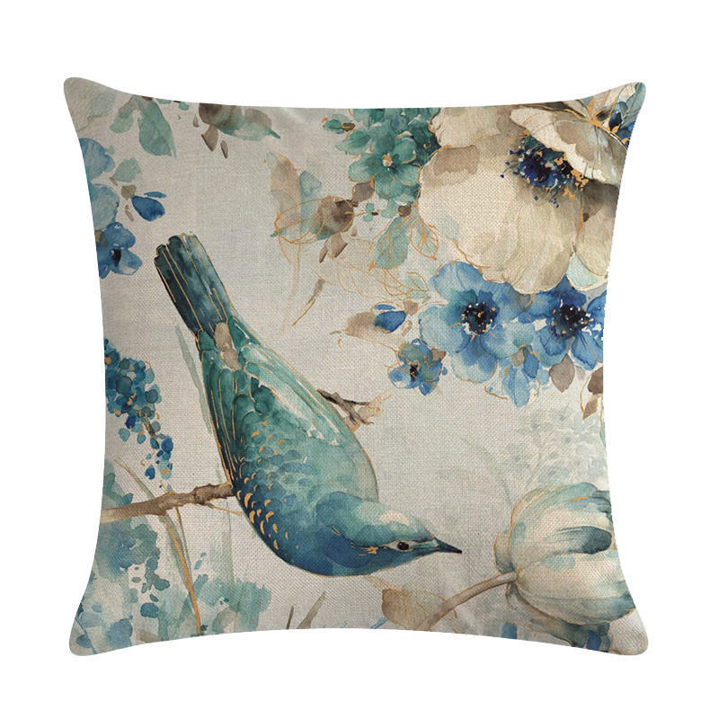 HKM-613459 Blue Oil Painting Bird and Flower Linen Pillow Cover