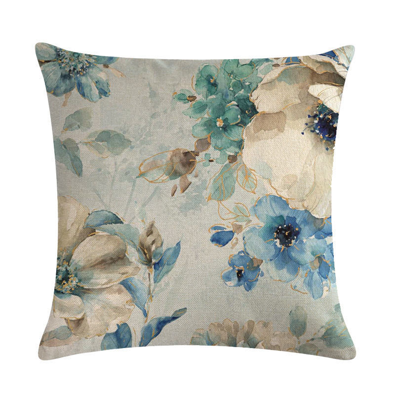 HKM-613459 Blue Oil Painting Bird and Flower Linen Pillow Cover