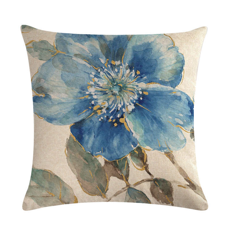 HKM-613459 Blue Oil Painting Bird and Flower Linen Pillow Cover