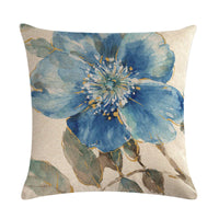 HKM-613459 Blue Oil Painting Bird and Flower Linen Pillow Cover