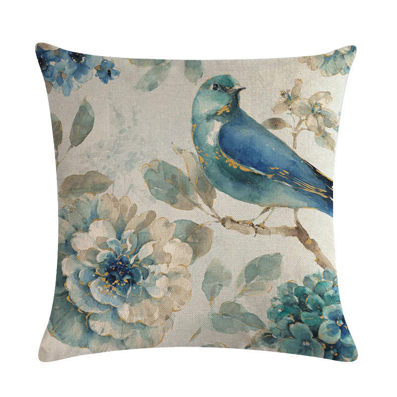 HKM-613459 Blue Oil Painting Bird and Flower Linen Pillow Cover