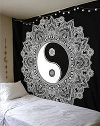 HKM-614035 Black and White Geometric Printed Tapestry - Versatile Wall Hanging, Beach Towel, and Blanket (150x150cm & 200x150cm)