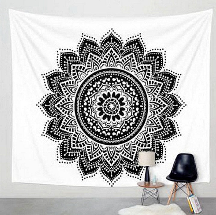 HKM-614035 Black and White Geometric Printed Tapestry - Versatile Wall Hanging, Beach Towel, and Blanket (150x150cm & 200x150cm)
