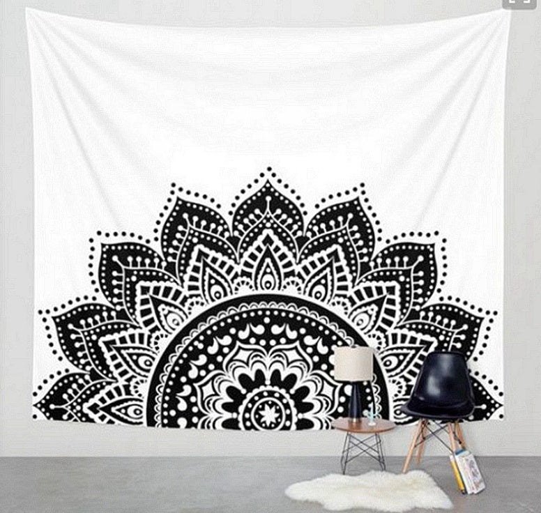 HKM-614035 Black and White Geometric Printed Tapestry - Versatile Wall Hanging, Beach Towel, and Blanket (150x150cm & 200x150cm)