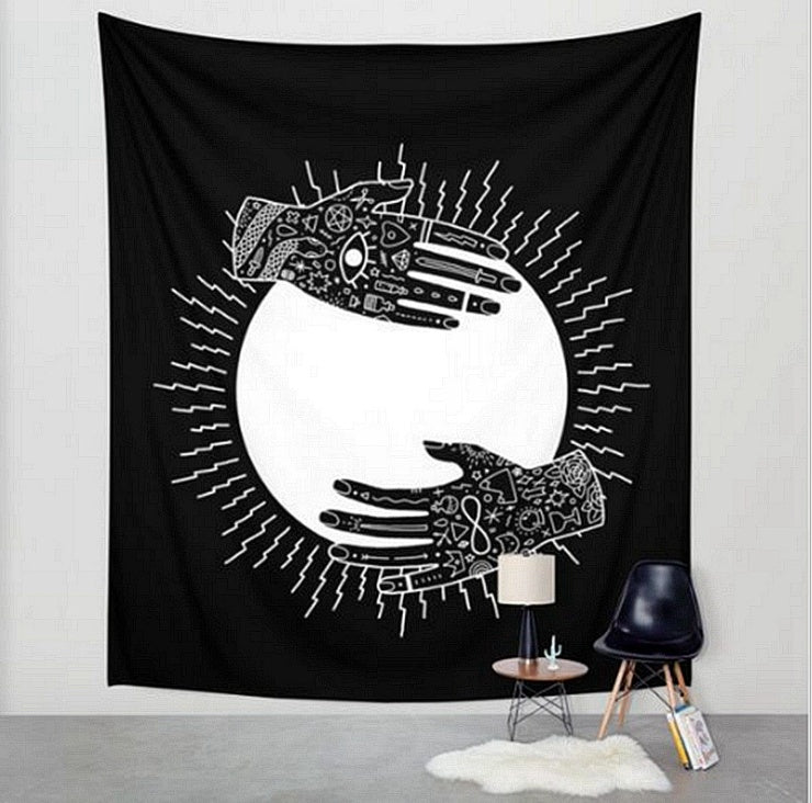 HKM-614035 Black and White Geometric Printed Tapestry - Versatile Wall Hanging, Beach Towel, and Blanket (150x150cm & 200x150cm)