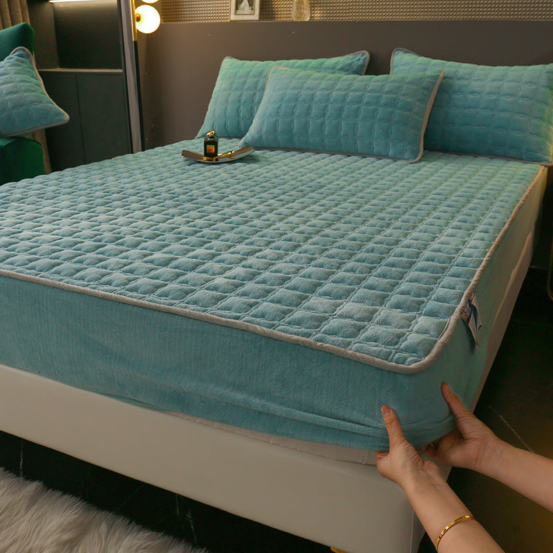 HKM-614483 Fleece-Lined Quilted Milk Fiber Fitted Sheet for Single Beds - Various Sizes Available
