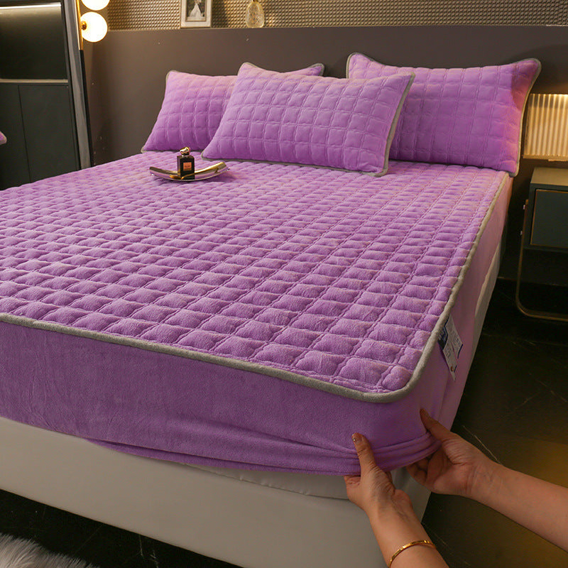 HKM-614483 Fleece-Lined Quilted Milk Fiber Fitted Sheet for Single Beds - Various Sizes Available
