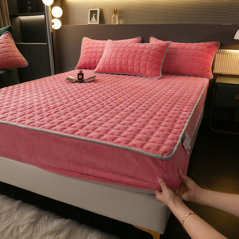 HKM-614483 Fleece-Lined Quilted Milk Fiber Fitted Sheet for Single Beds - Various Sizes Available