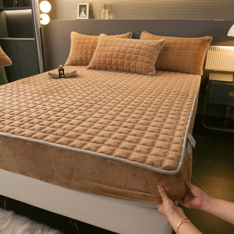 HKM-614483 Fleece-Lined Quilted Milk Fiber Fitted Sheet for Single Beds - Various Sizes Available