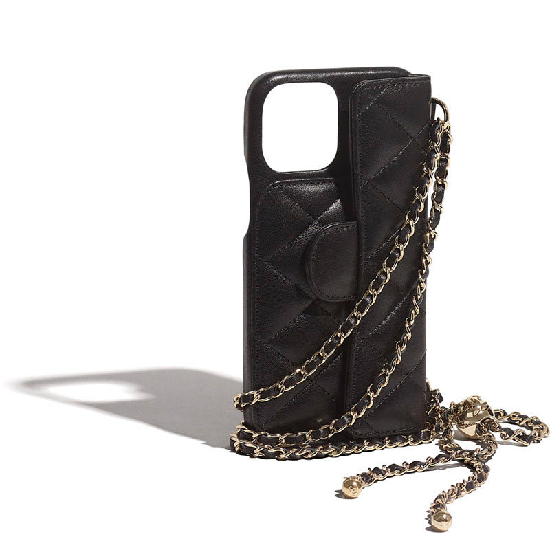 HKM-614739 Stylish Leather Clamshell Phone Case with Diagonal Lanyard for iPhone Models