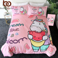 HKM-614803 Watermelon Print Microfiber Duvet Cover Set with Pillow Shams, Queen Size, Machine Washable