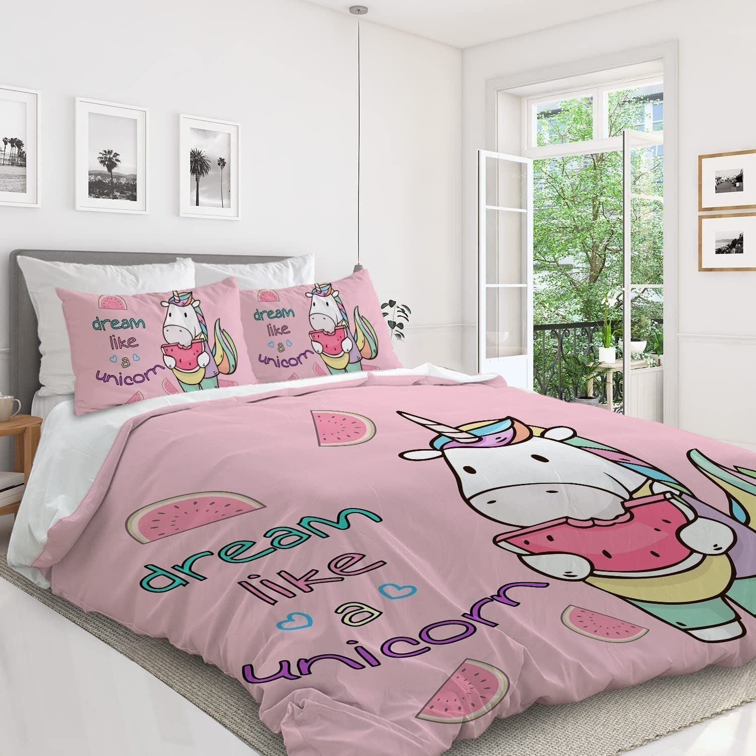 HKM-614803 Watermelon Print Microfiber Duvet Cover Set with Pillow Shams, Queen Size, Machine Washable