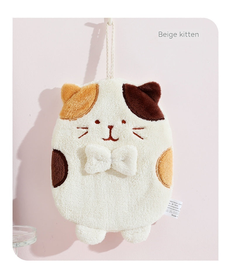 HKM-615059 Cute Kitten Hand Towel - Absorbent Coral Fleece, Lint-Free for Kitchen Use