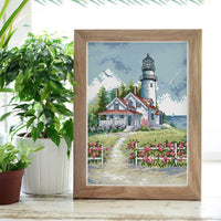 HKM-616787 Lighthouse Landscape Cross Stitch Kit - Cotton Fabric, 27x39 cm, 11 CT, Eco-Friendly Threads