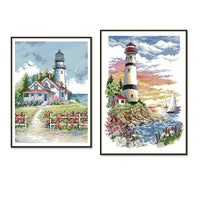 HKM-616787 Lighthouse Landscape Cross Stitch Kit - Cotton Fabric, 27x39 cm, 11 CT, Eco-Friendly Threads