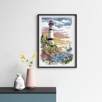 HKM-616787 Lighthouse Landscape Cross Stitch Kit - Cotton Fabric, 27x39 cm, 11 CT, Eco-Friendly Threads