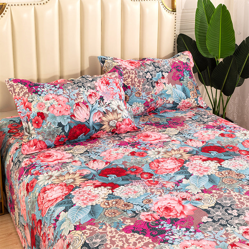 HKM-617619 Floral Cotton Mattress Sheet Set for Single Beds - Multiple Sizes Available