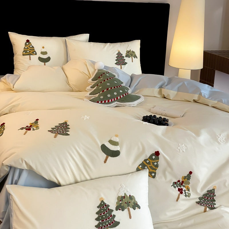 HKM-617939 Cute Christmas Tree Embroidered Cotton Bedding Set - Four-Piece Collection for 1.5m, 1.8m, and 2.0m Beds