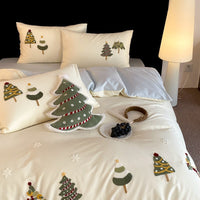 HKM-617939 Cute Christmas Tree Embroidered Cotton Bedding Set - Four-Piece Collection for 1.5m, 1.8m, and 2.0m Beds