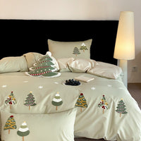 HKM-617939 Cute Christmas Tree Embroidered Cotton Bedding Set - Four-Piece Collection for 1.5m, 1.8m, and 2.0m Beds