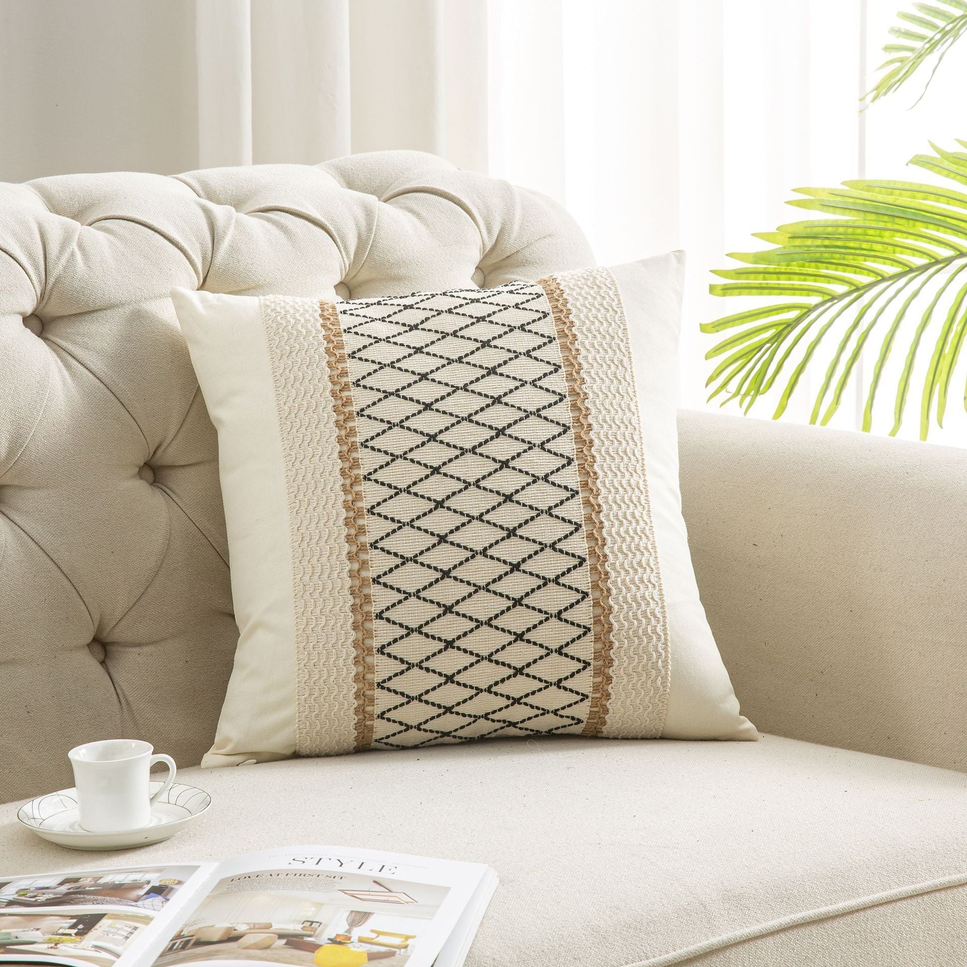 HKM-618003 Bohemian Cotton and Linen Pillow and Cushion Cover, Available in Beige and Khaki, Multiple Sizes