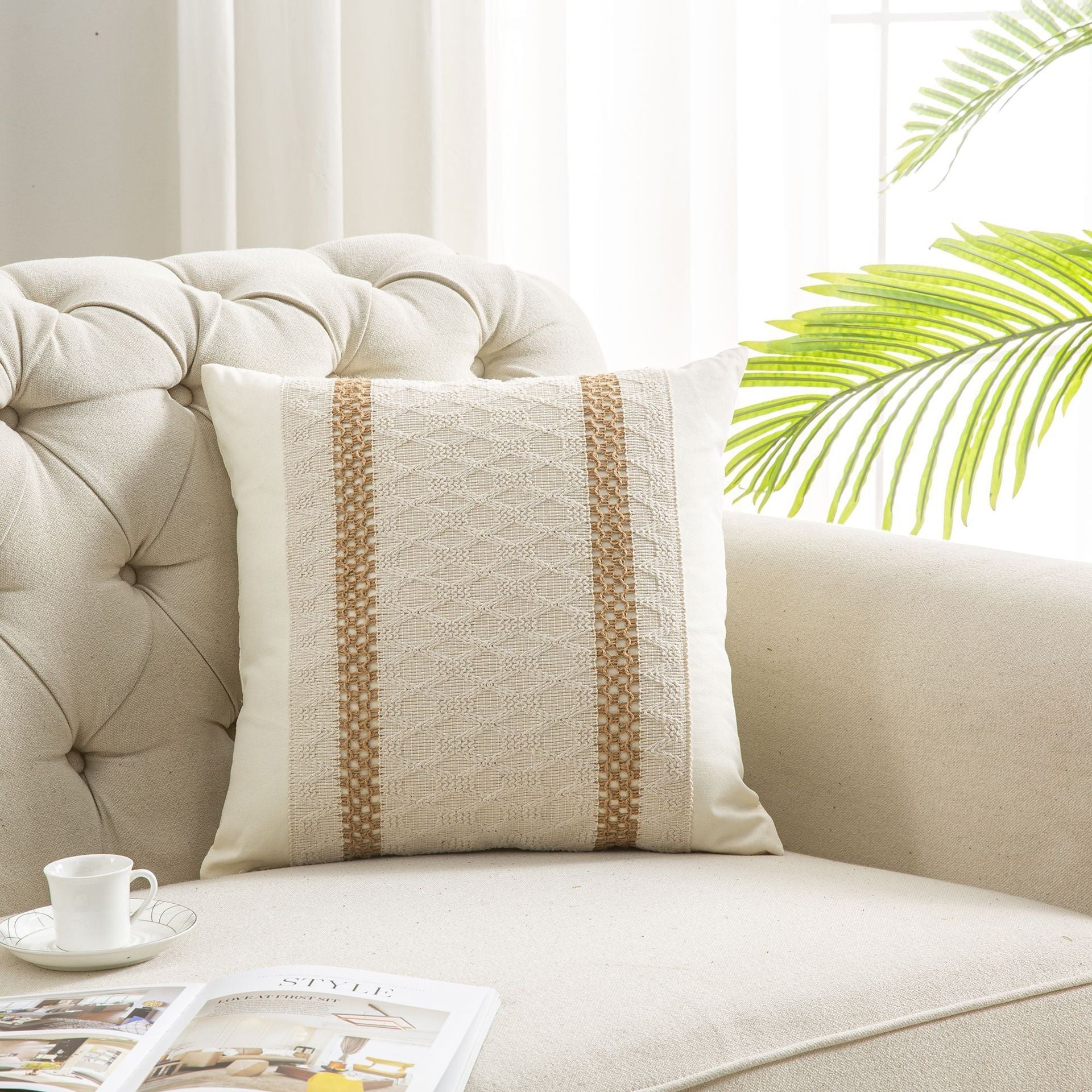HKM-618003 Bohemian Cotton and Linen Pillow and Cushion Cover, Available in Beige and Khaki, Multiple Sizes