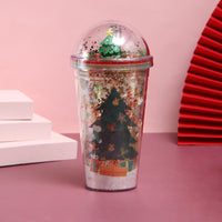 HKM-618067 Festive Christmas Water Cup with 3D Figurine - Santa, Bear, Tree & Snow Village Design