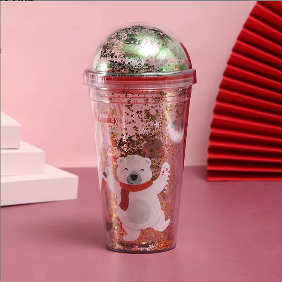 HKM-618067 Festive Christmas Water Cup with 3D Figurine - Santa, Bear, Tree & Snow Village Design