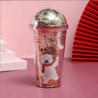 HKM-618067 Festive Christmas Water Cup with 3D Figurine - Santa, Bear, Tree & Snow Village Design