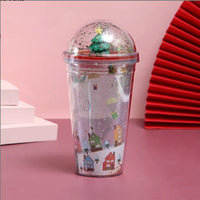 HKM-618067 Festive Christmas Water Cup with 3D Figurine - Santa, Bear, Tree & Snow Village Design