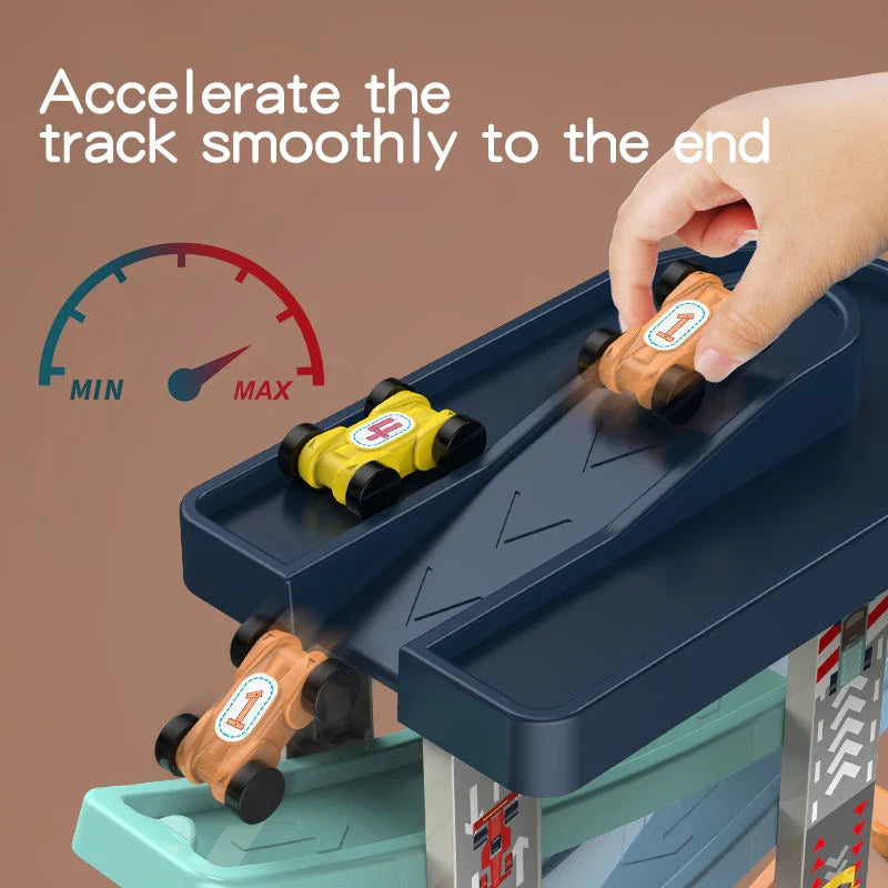 HKM-618195 Gliding Car Race Track Set with Ramps - Mini Plastic Slot Toy for Ages 2-4