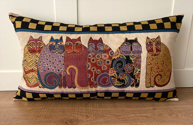 HKM-618899 Geometric Cat Design Cotton Pillow with PP Cotton Filler, 60x32cm