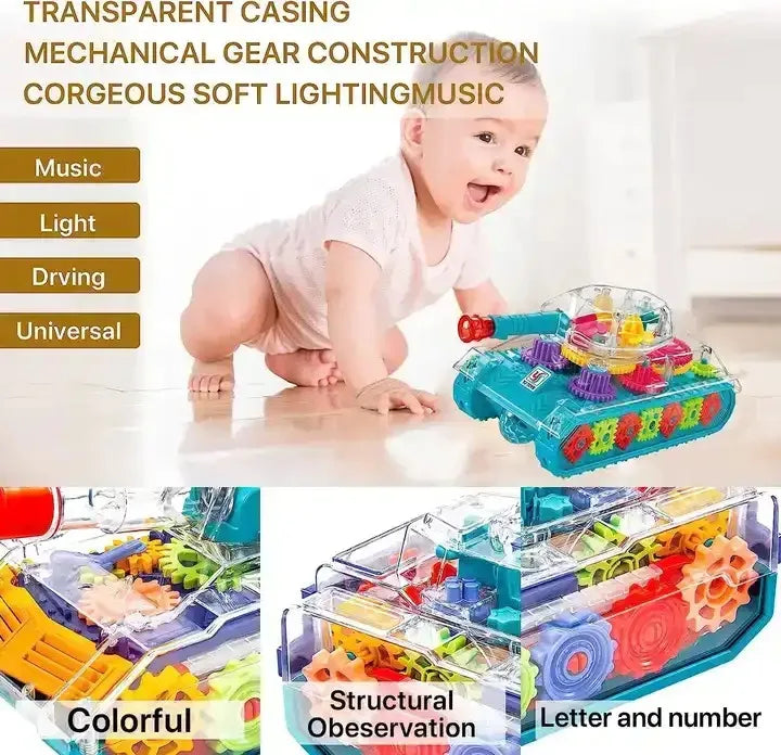HKM-618899 Transparent Gear Tank Electric Toy with Colorful Lights and Music for Kids Ages 2-13