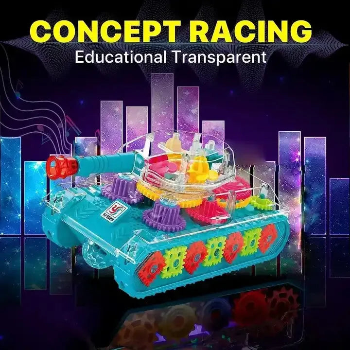 HKM-618899 Transparent Gear Tank Electric Toy with Colorful Lights and Music for Kids Ages 2-13