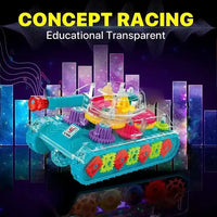HKM-618899 Transparent Gear Tank Electric Toy with Colorful Lights and Music for Kids Ages 2-13
