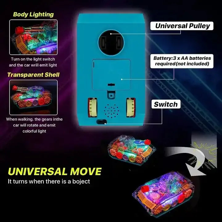 HKM-618899 Transparent Gear Tank Electric Toy with Colorful Lights and Music for Kids Ages 2-13
