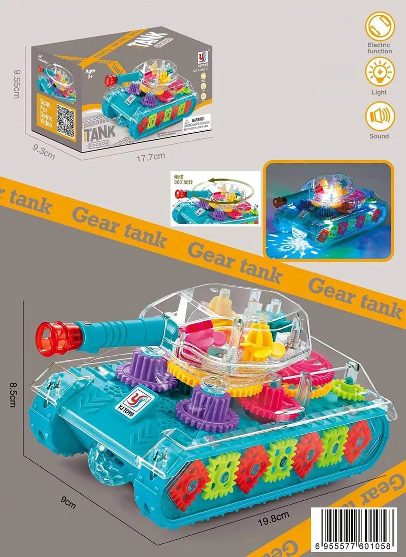 HKM-618899 Transparent Gear Tank Electric Toy with Colorful Lights and Music for Kids Ages 2-13