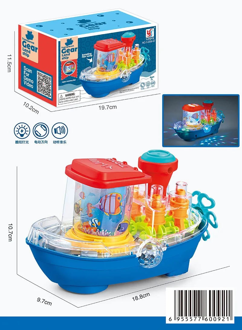 HKM-618899 Transparent Gear Tank Electric Toy with Colorful Lights and Music for Kids Ages 2-13