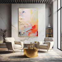 HKM-619027 Handmade Coral Red, White, and Yellow Abstract Oil Painting on Canvas for Modern Home Decor - Unframed, Various Sizes Available