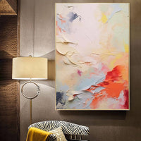 HKM-619027 Handmade Coral Red, White, and Yellow Abstract Oil Painting on Canvas for Modern Home Decor - Unframed, Various Sizes Available