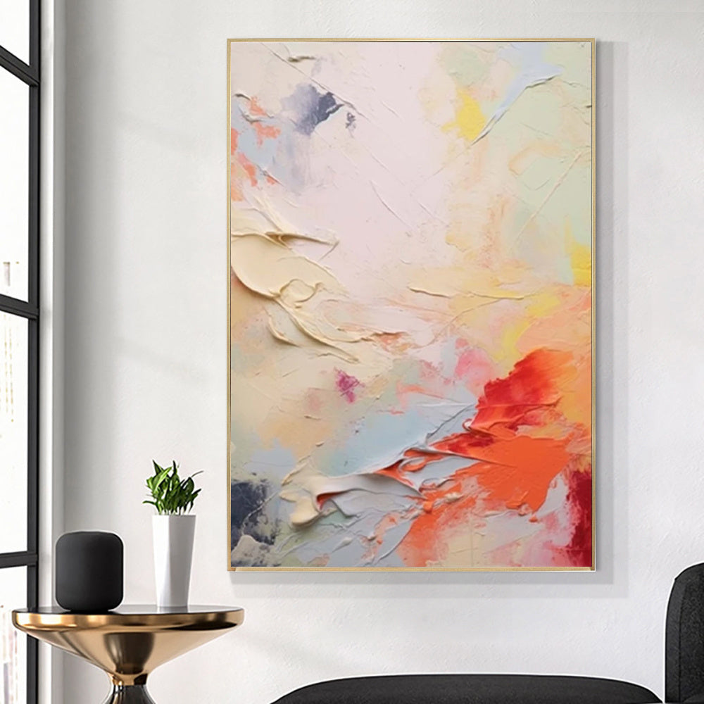 HKM-619027 Handmade Coral Red, White, and Yellow Abstract Oil Painting on Canvas for Modern Home Decor - Unframed, Various Sizes Available