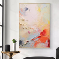 HKM-619027 Handmade Coral Red, White, and Yellow Abstract Oil Painting on Canvas for Modern Home Decor - Unframed, Various Sizes Available