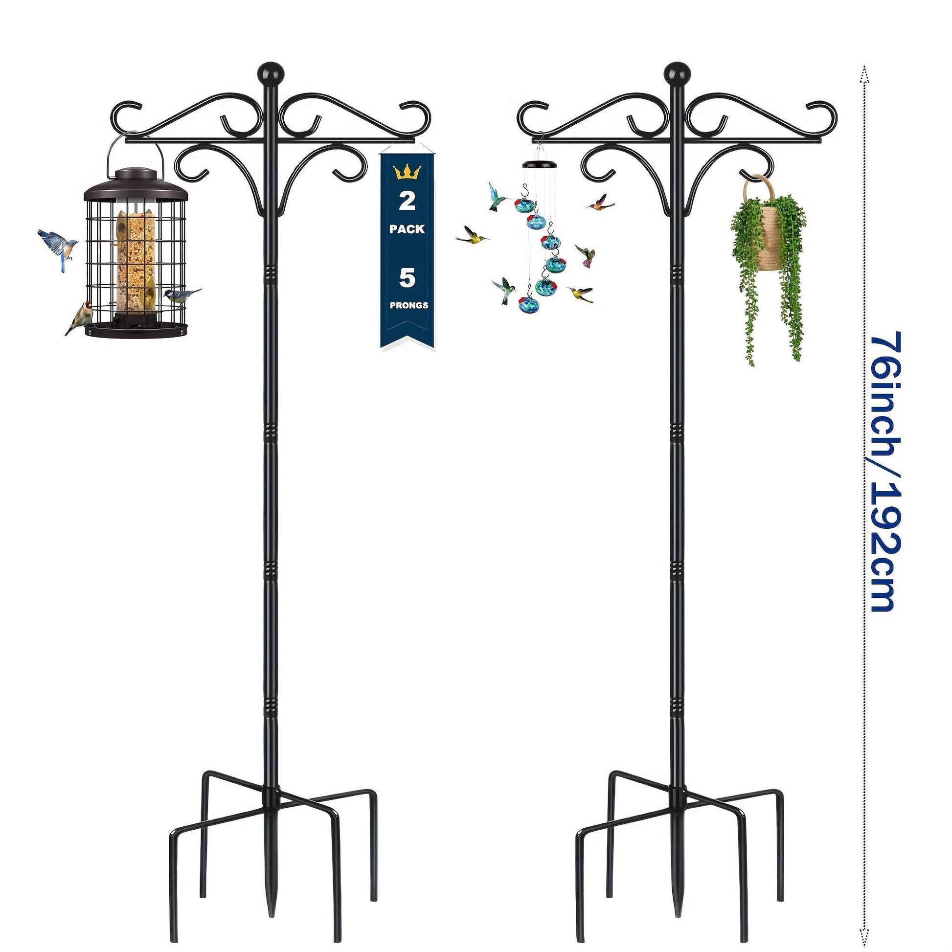 HKM-619027 Heavy Duty 76-Inch Metal Shepherd's Hooks - Adjustable Double Bird Feeder Pole for Outdoor Decor and Garden Use