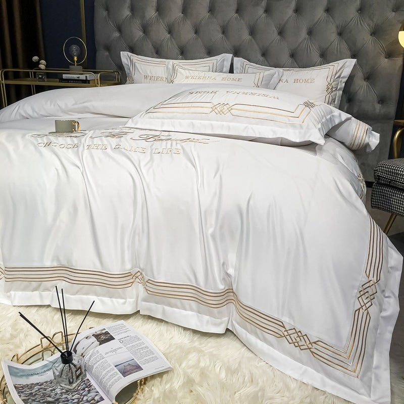 HKM-619091 Embroidered Tencel Quilt Cover Set in European Washed Cotton - 4-Piece Scandinavian Floral Design