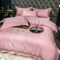 HKM-619091 Embroidered Tencel Quilt Cover Set in European Washed Cotton - 4-Piece Scandinavian Floral Design